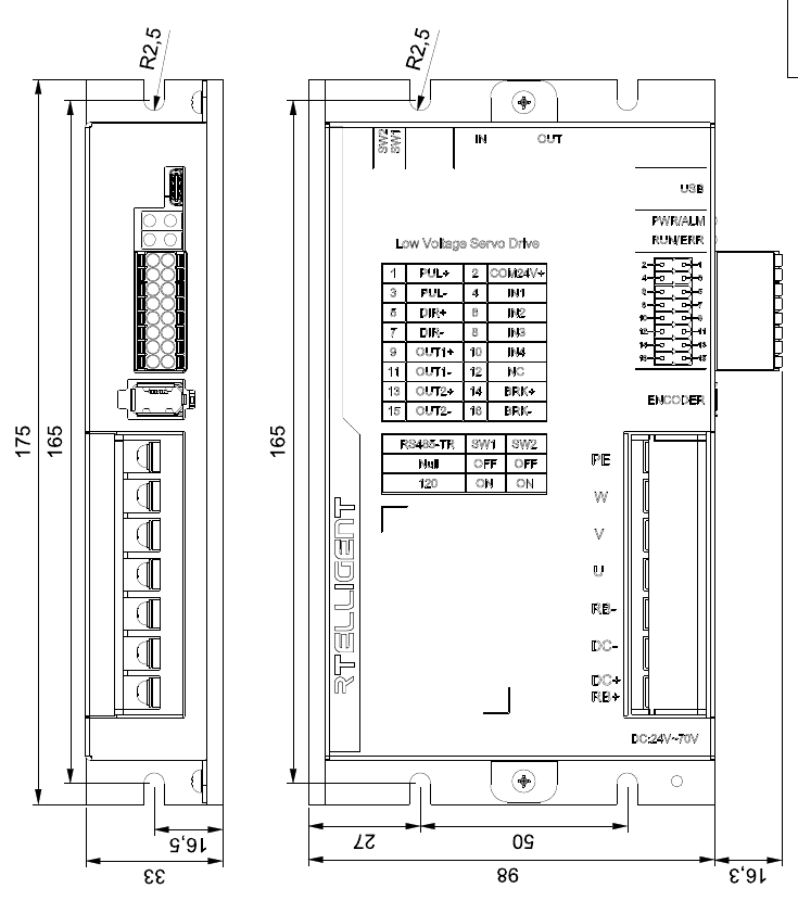Габаритный чертёж D5V: корпус 175 × 98 × 33 мм